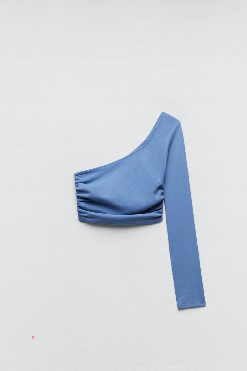 ZARA RIBBED ASYMMETRIC TOP Crop Top Dam Ljusblå | XBCOL-5094