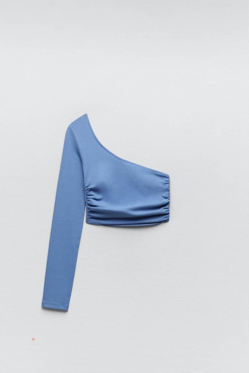 ZARA RIBBED ASYMMETRIC TOP Crop Top Dam Ljusblå | XBCOL-5094