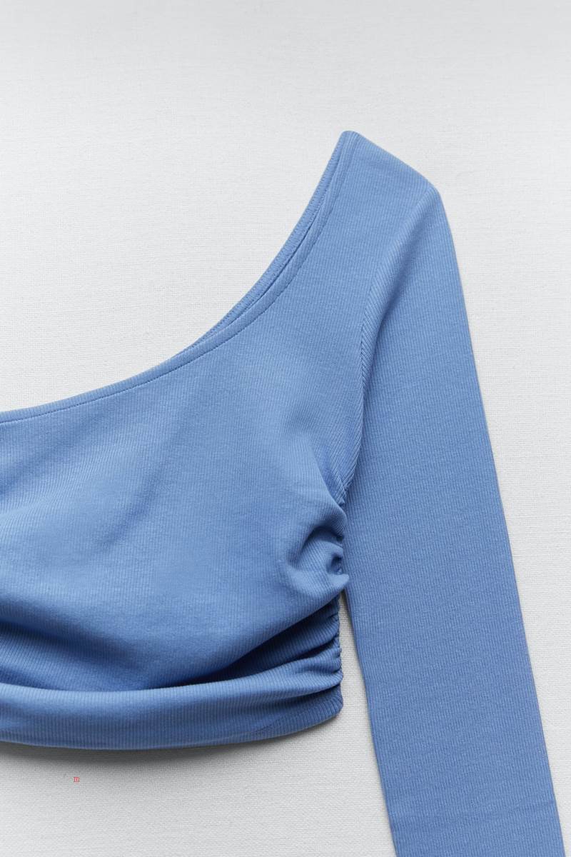 ZARA RIBBED ASYMMETRIC TOP Crop Top Dam Ljusblå | XBCOL-5094
