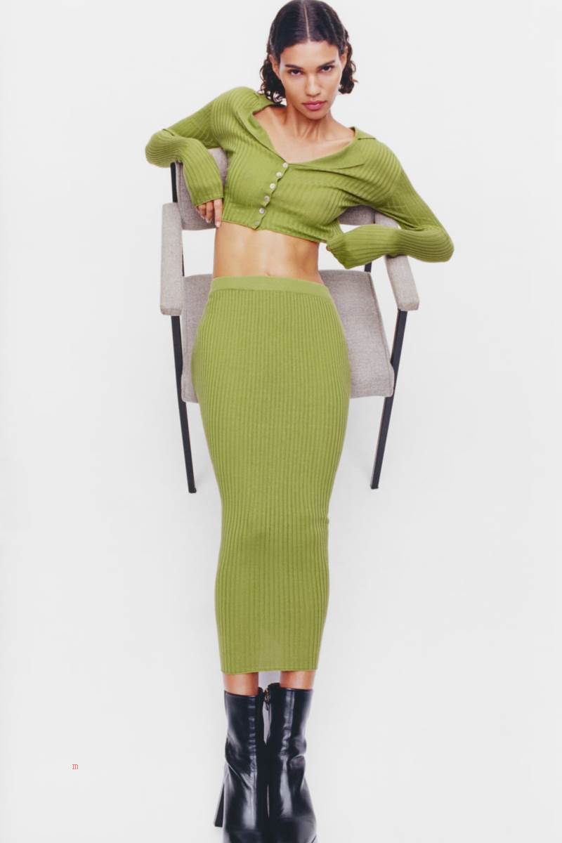 ZARA RIBBED FINE KNIT Cardigan Dam Olivgröna Gröna | OEHQB-7106