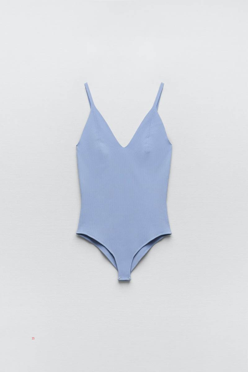 ZARA RIBBED KNIT Bodysuit Dam Ljusblå | NYATS-2143