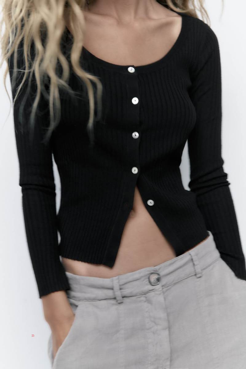 ZARA RIBBED KNIT Cardigan Dam Svarta | CGZAU-0741