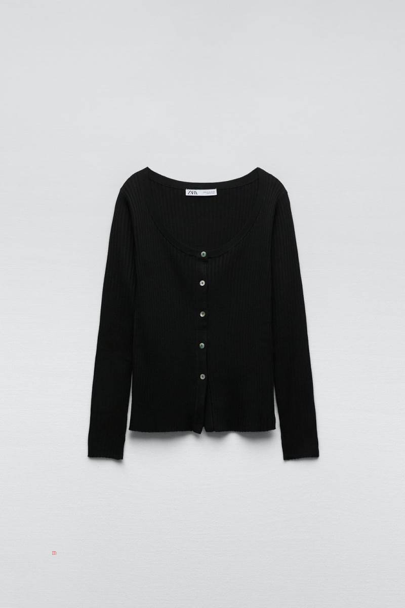 ZARA RIBBED KNIT Cardigan Dam Svarta | CGZAU-0741