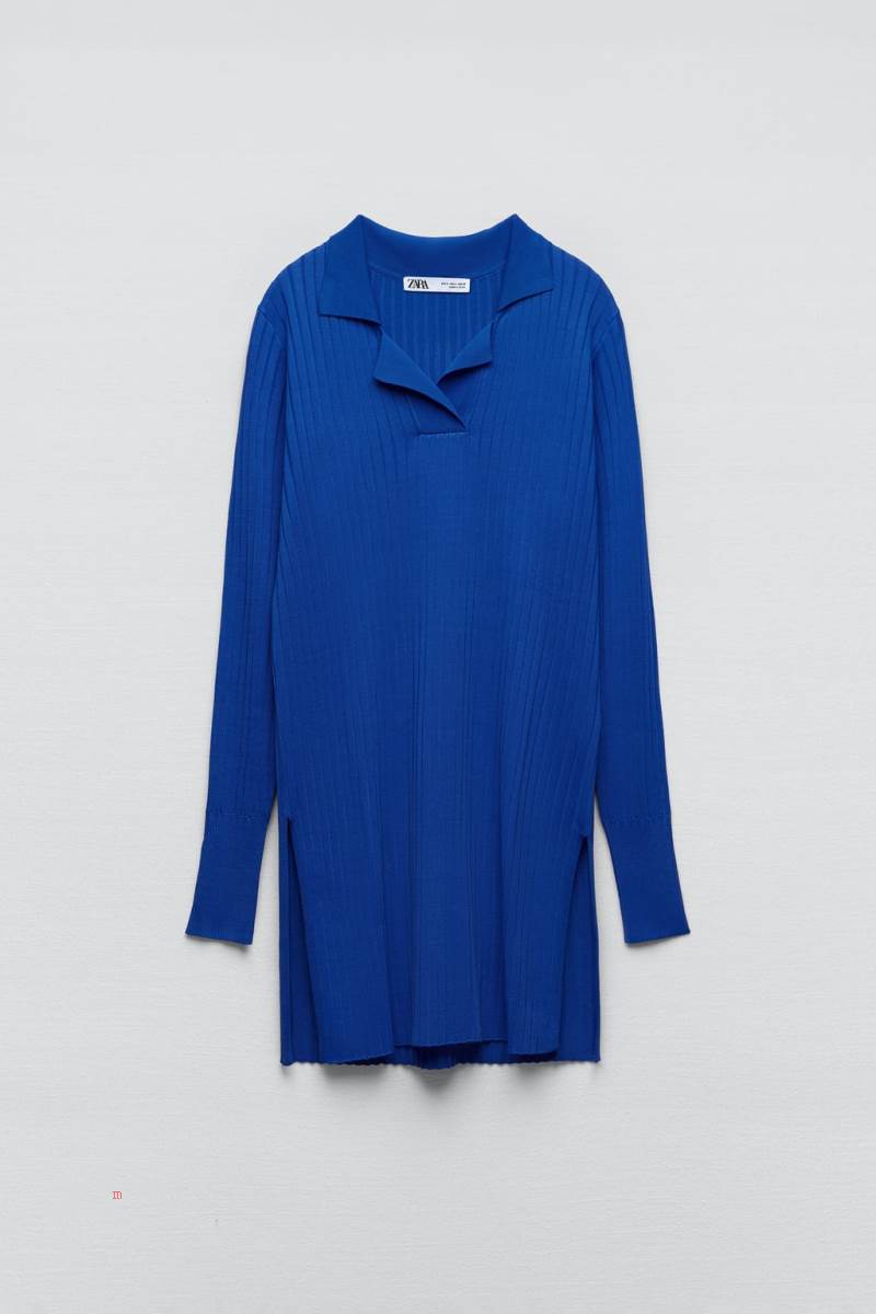 ZARA RIBBED KNIT TUNIC TOP WITH VENTS Stickat Dam Blå | TZICH-9674