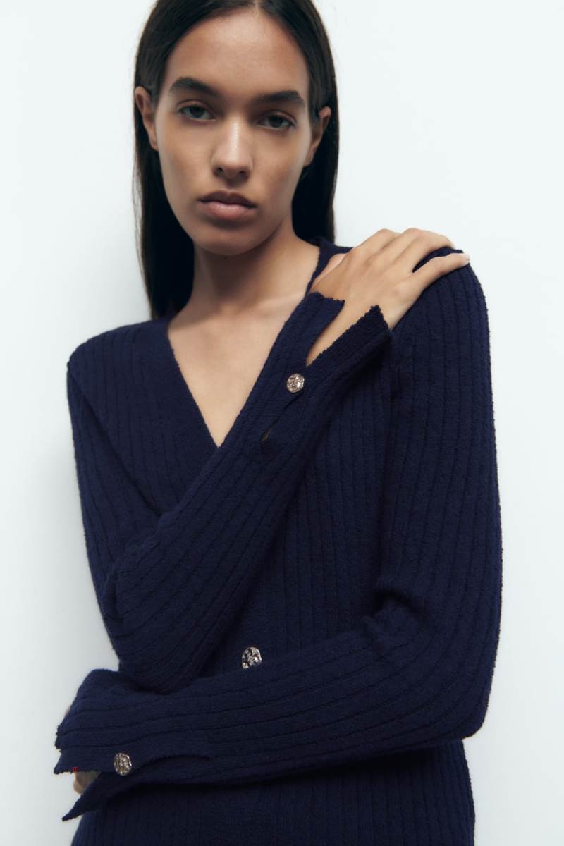 ZARA RIBBED KNIT WITH GOLD BUTTON Cardigan Dam Marinblå Blå | LAUBV-6430