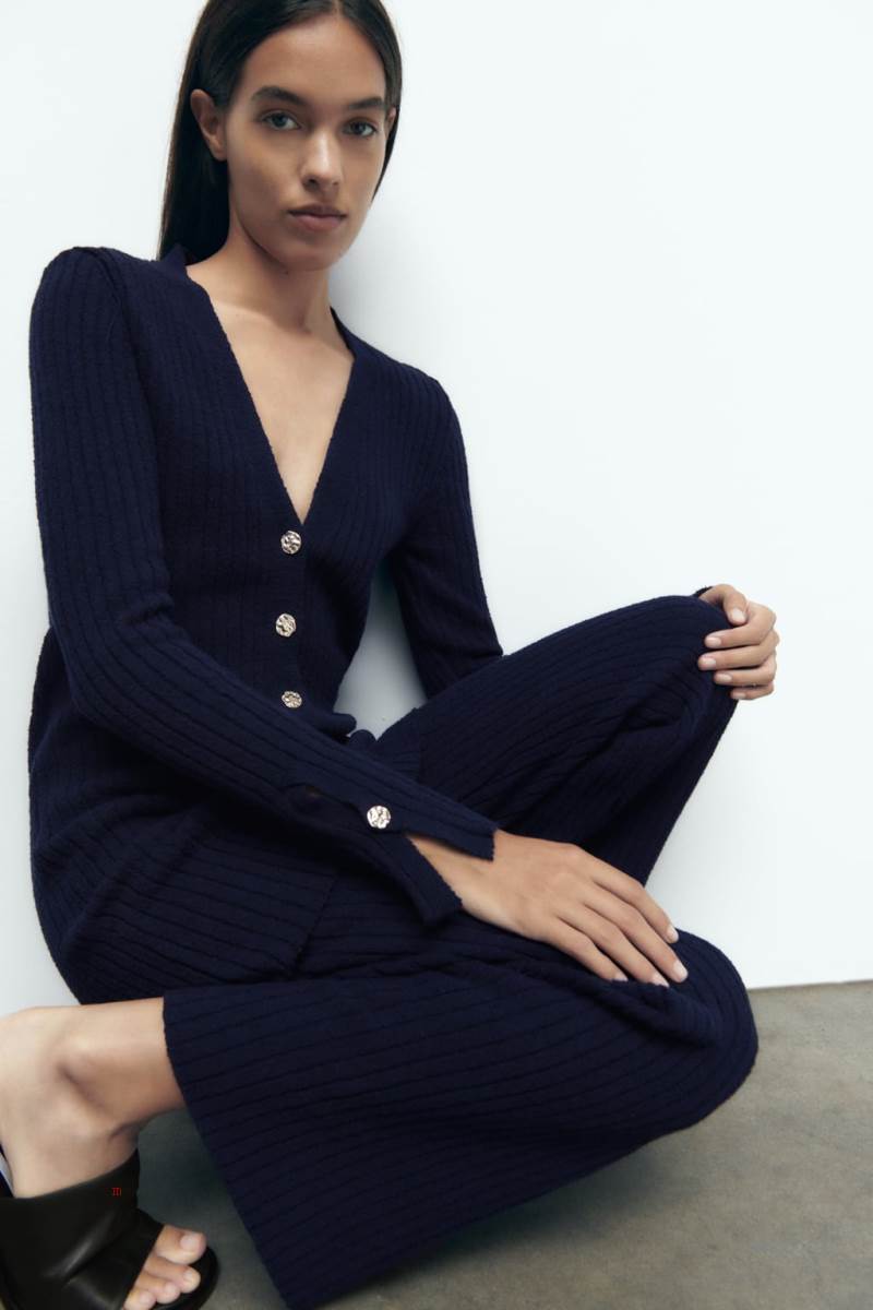 ZARA RIBBED KNIT WITH GOLD BUTTON Cardigan Dam Marinblå Blå | LAUBV-6430