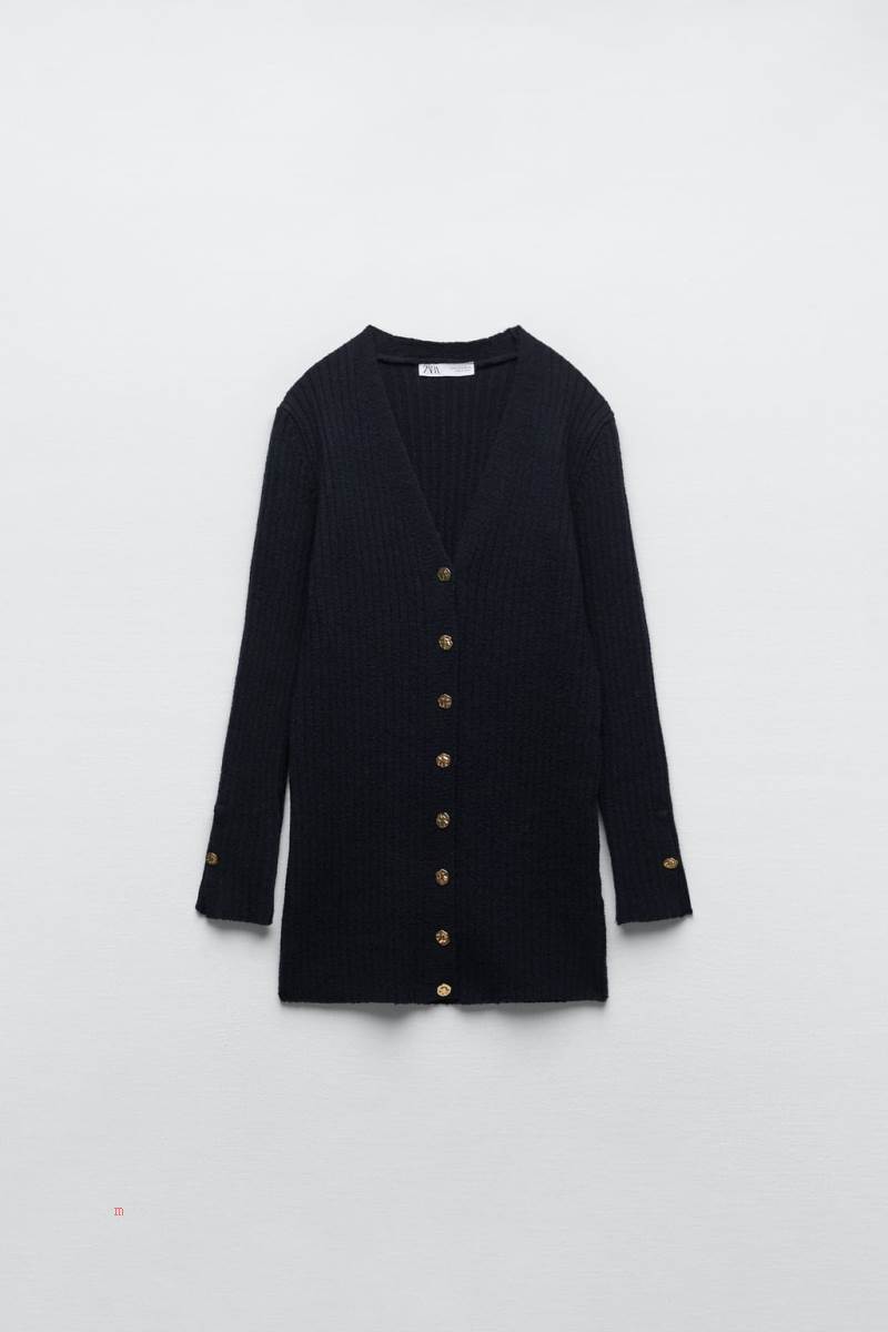 ZARA RIBBED KNIT WITH GOLD BUTTON Cardigan Dam Marinblå Blå | LAUBV-6430
