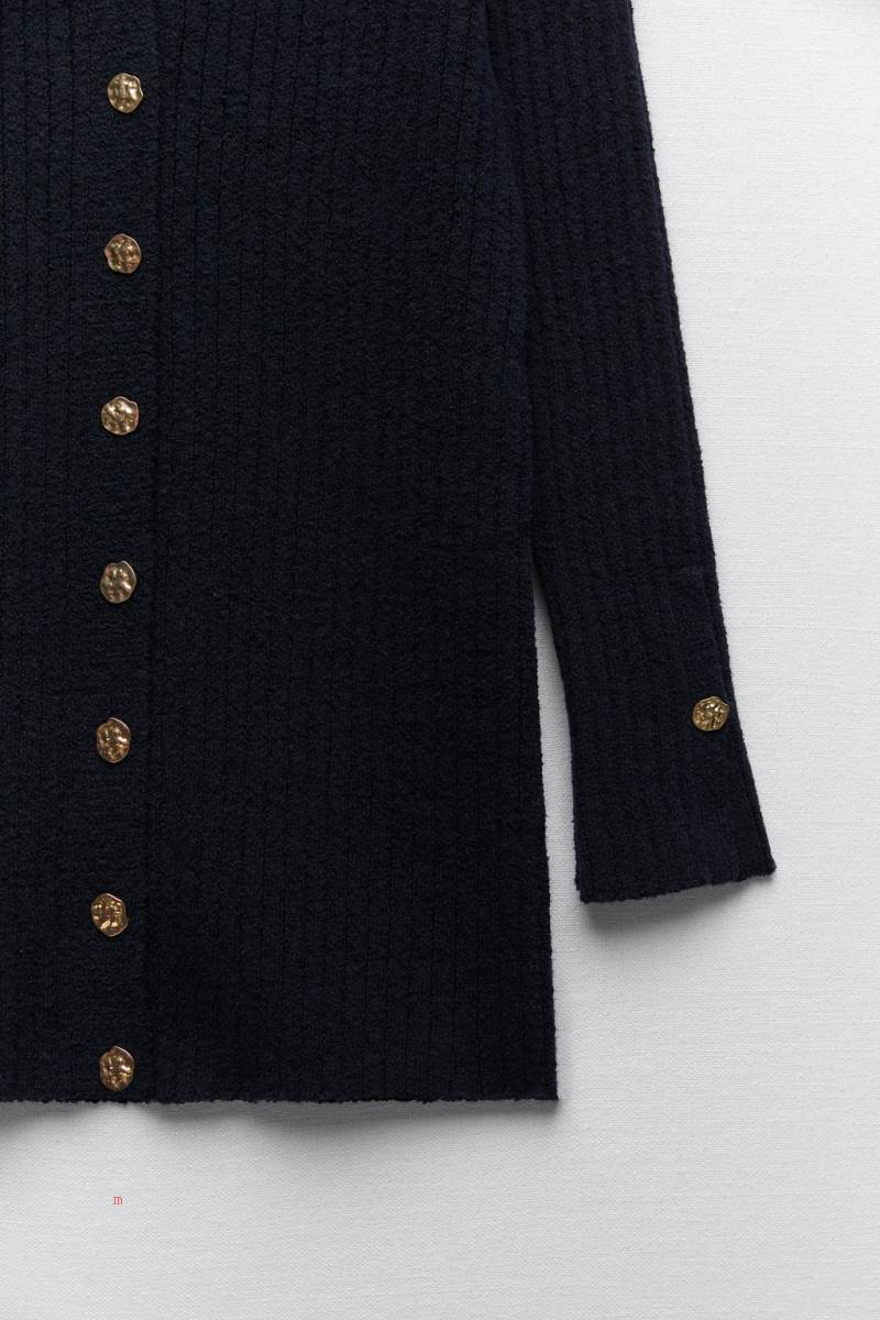 ZARA RIBBED KNIT WITH GOLD BUTTON Cardigan Dam Marinblå Blå | LAUBV-6430