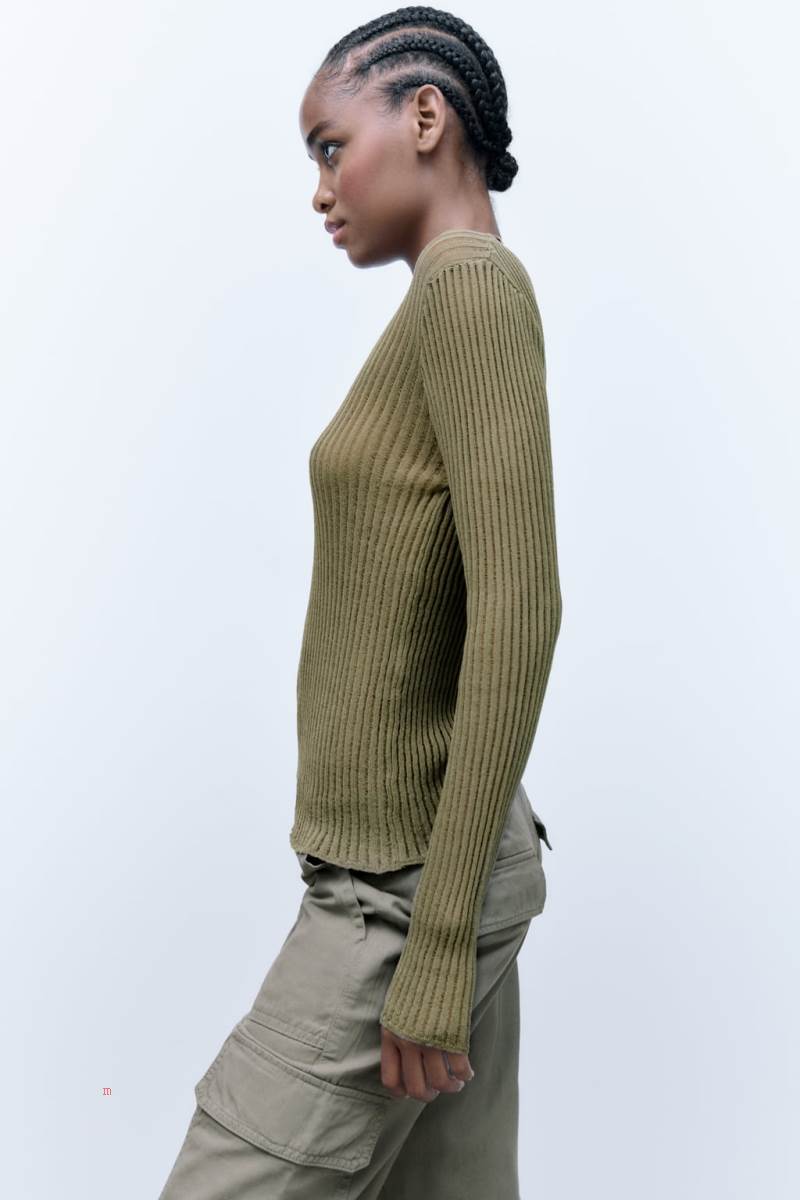 ZARA RIBBED T-shirt Dam Ljusgröna | BICUS-5481
