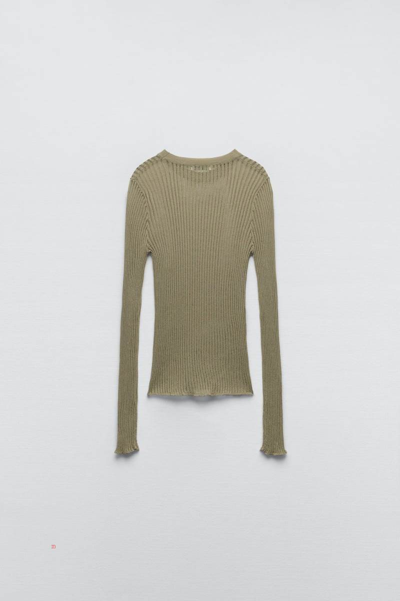 ZARA RIBBED T-shirt Dam Ljusgröna | BICUS-5481