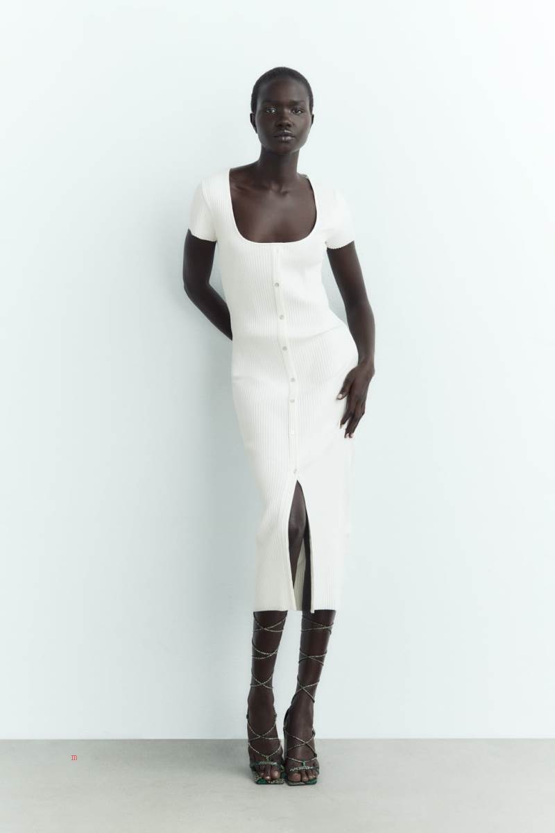 ZARA RIBBED WITH BUTTONS Klänning Dam Vita | OWPGD-2147