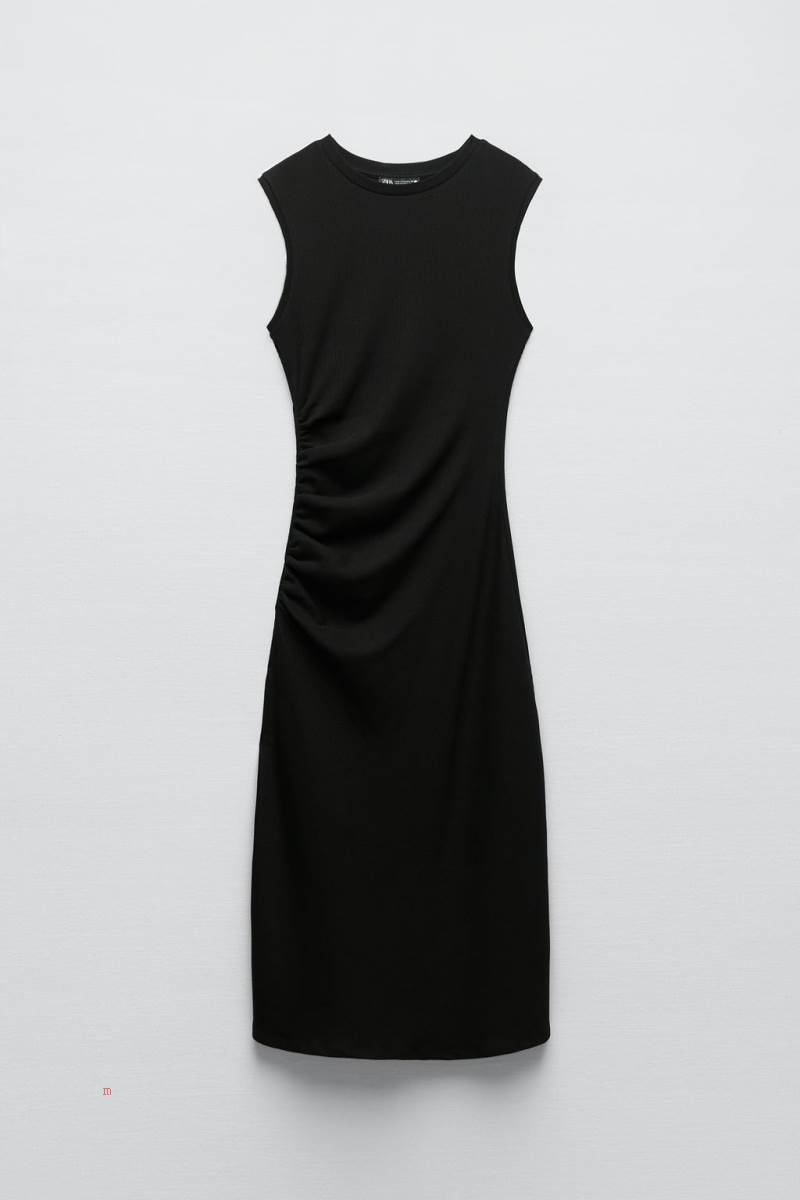 ZARA RIBBED WITH GATHERING Klänning Dam Svarta | XTOMN-4539