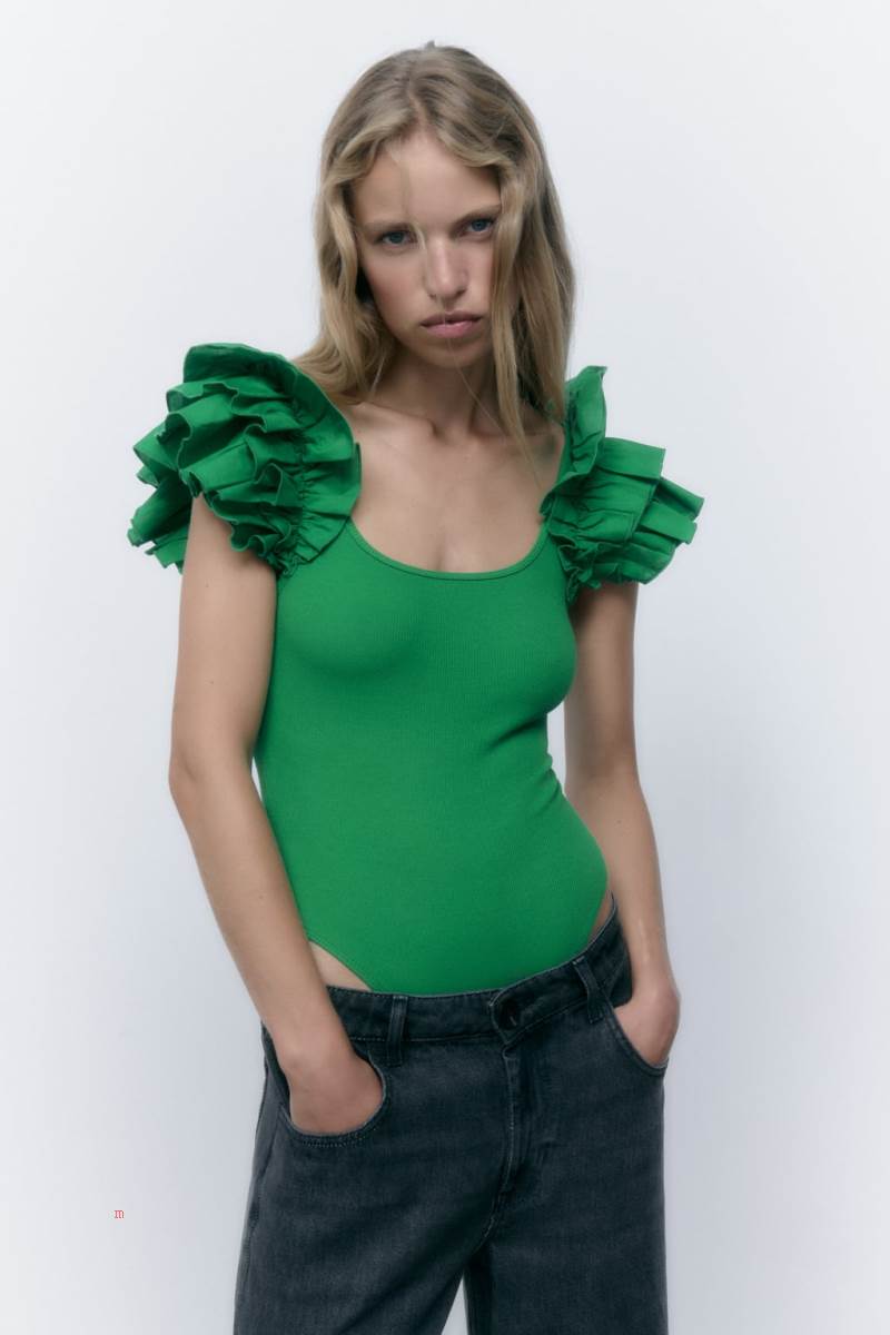 ZARA RIBBED WITH RUFFLES Bodysuit Dam Gröna | ERPTI-7906