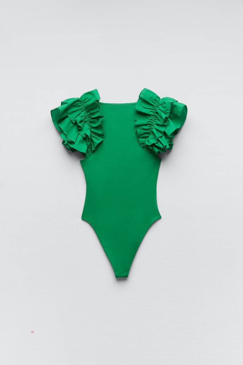 ZARA RIBBED WITH RUFFLES Bodysuit Dam Gröna | ERPTI-7906