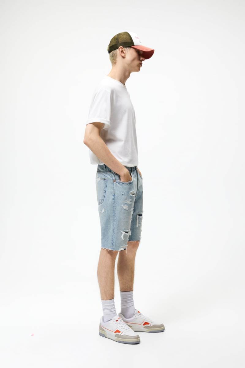 ZARA RIPPED DENIM BERMUDA Shorts Herr Ljusblå | FGYUZ-2015