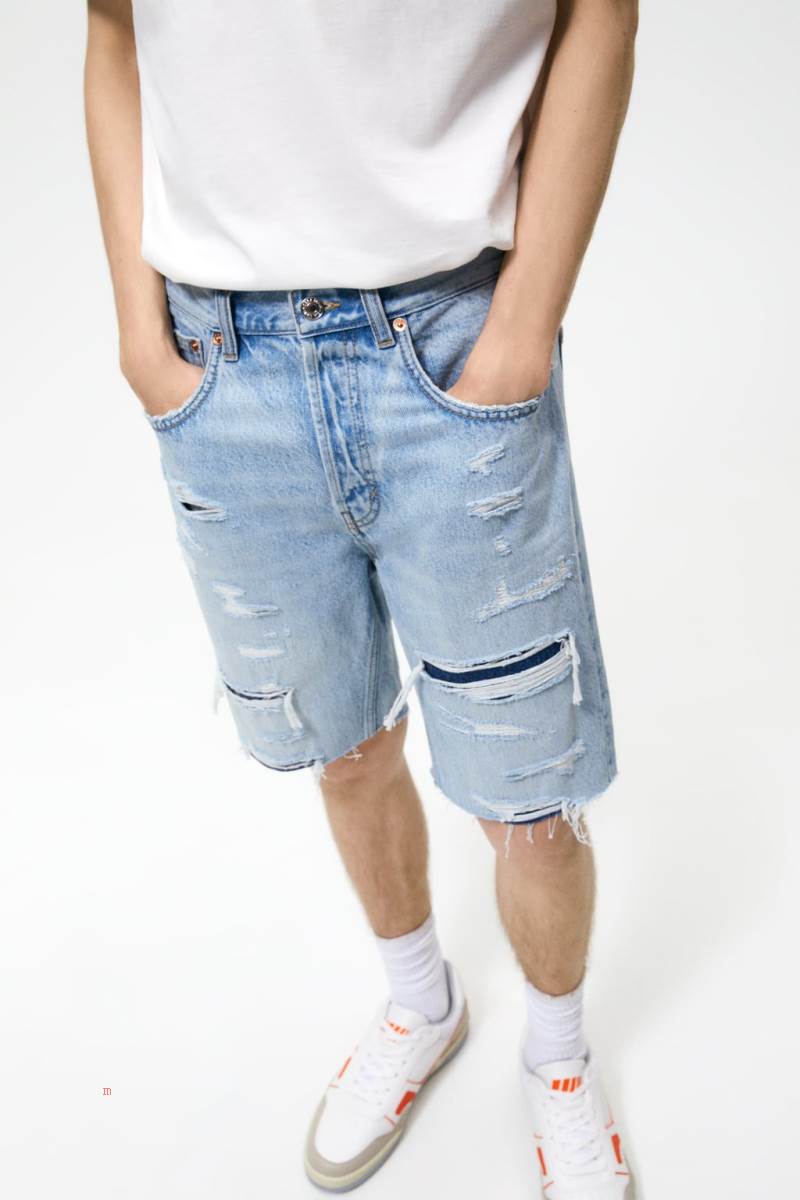 ZARA RIPPED DENIM BERMUDA Shorts Herr Ljusblå | FGYUZ-2015