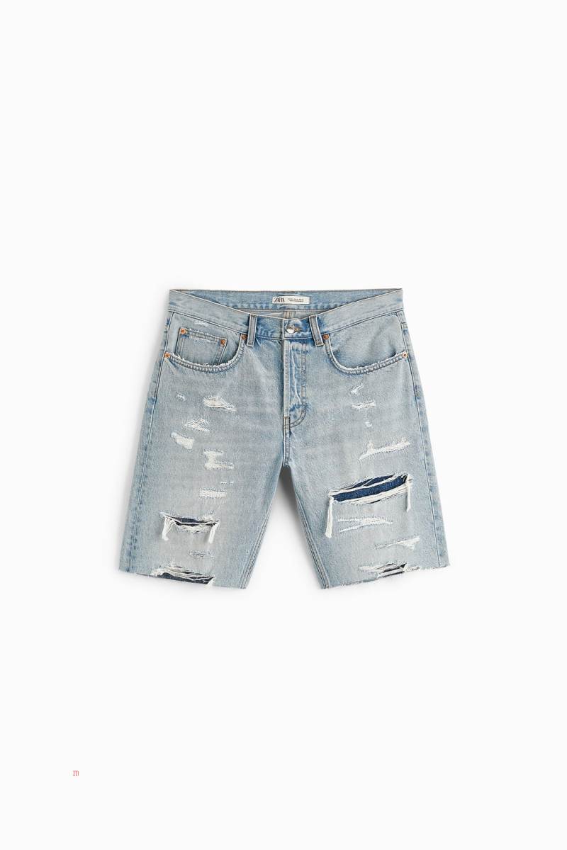 ZARA RIPPED DENIM BERMUDA Shorts Herr Ljusblå | FGYUZ-2015