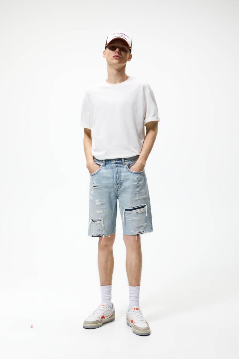 ZARA RIPPED DENIM BERMUDA Shorts Herr Ljusblå | FGYUZ-2015