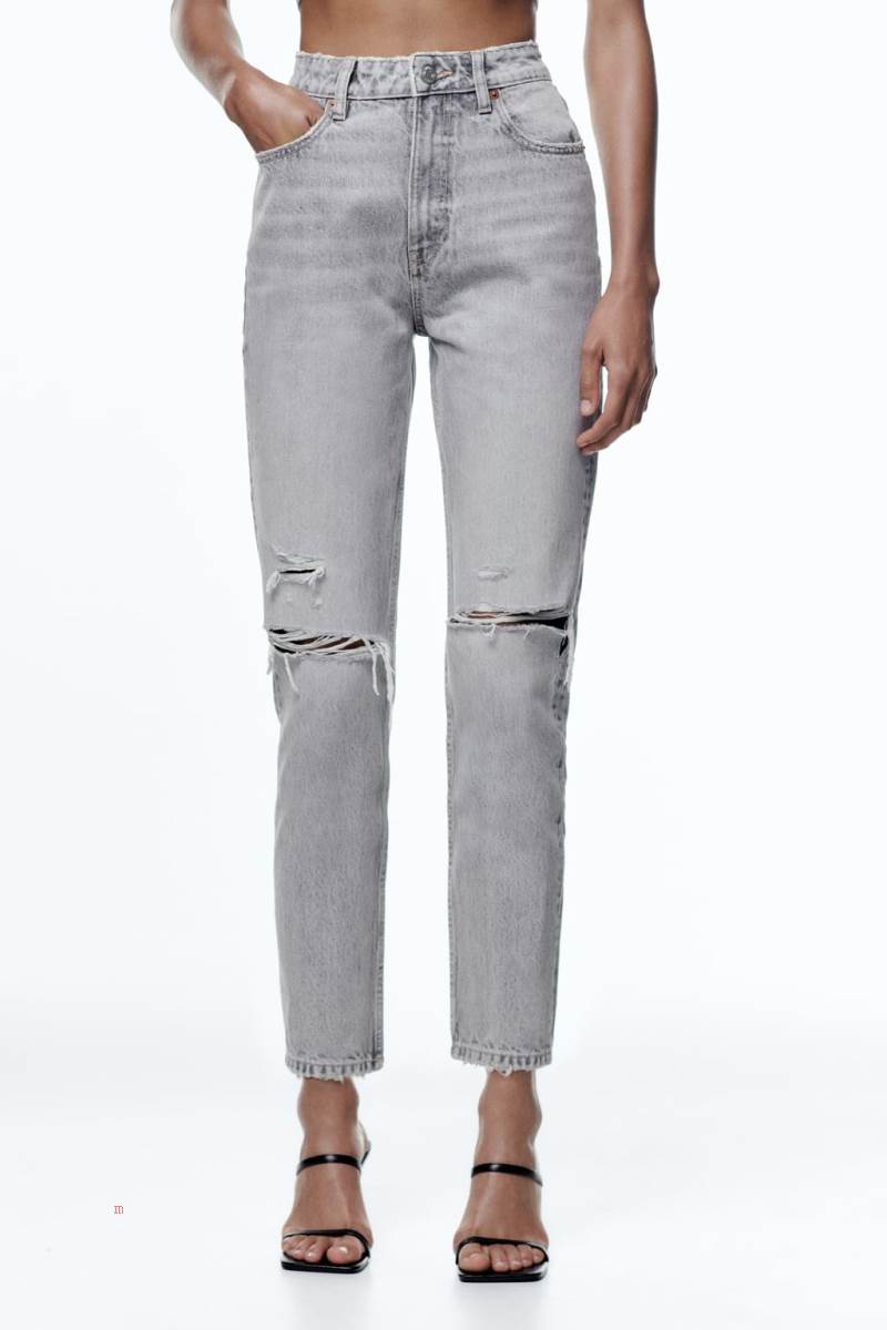 ZARA RIPPED MOM TRF Jeans Dam Ljusgrå | IMKJQ-2134