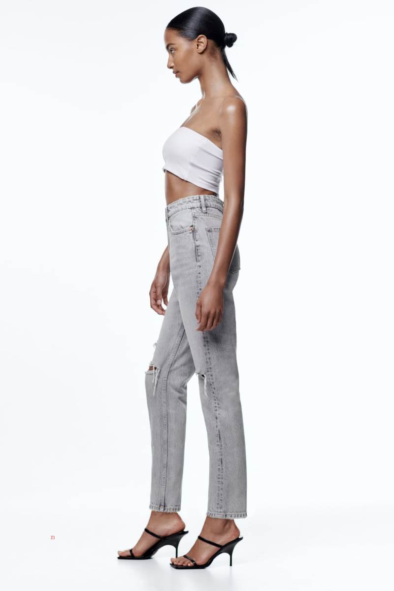 ZARA RIPPED MOM TRF Jeans Dam Ljusgrå | IMKJQ-2134