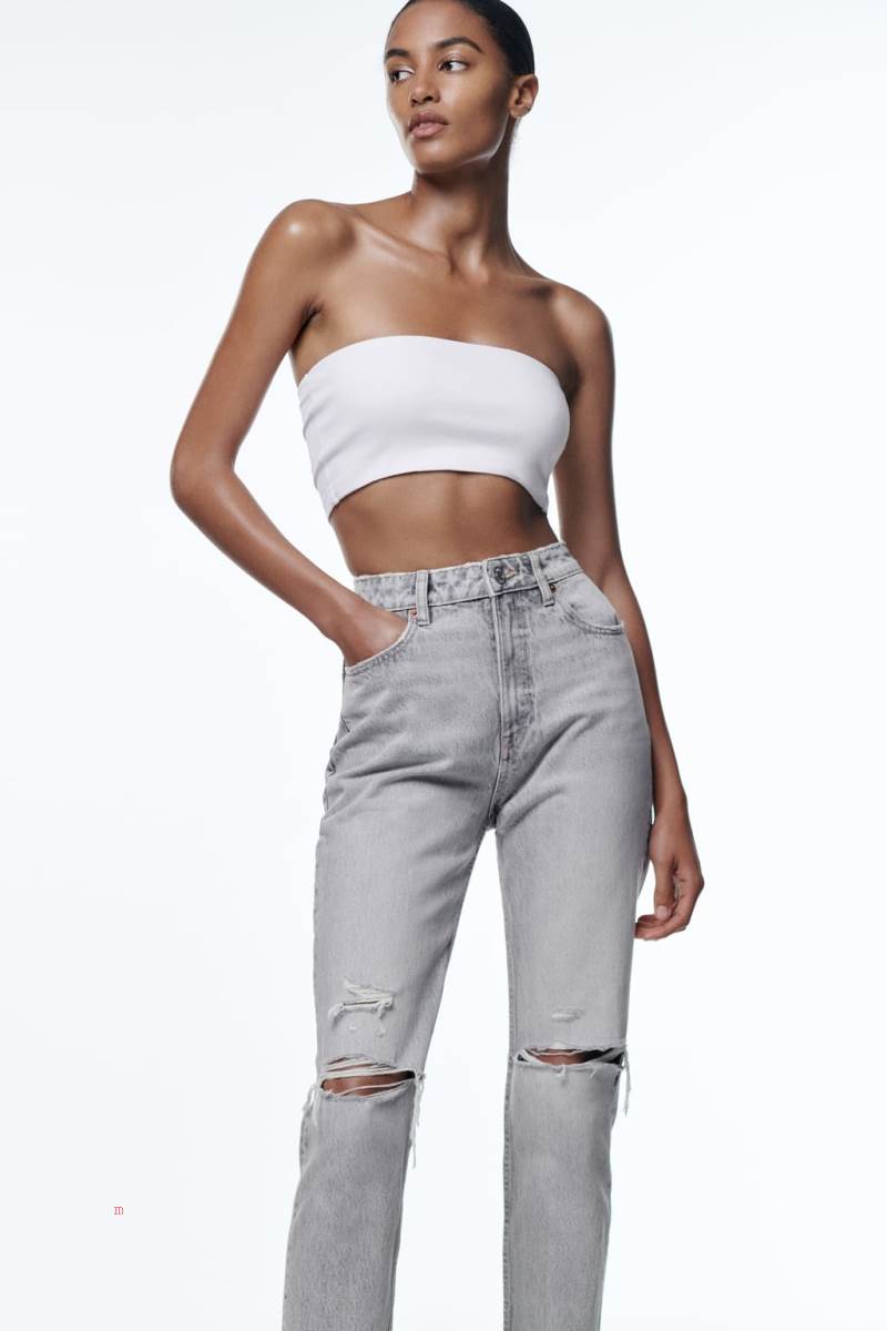ZARA RIPPED MOM TRF Jeans Dam Ljusgrå | IMKJQ-2134