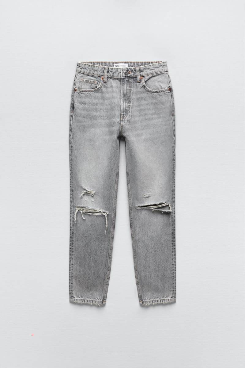 ZARA RIPPED MOM TRF Jeans Dam Ljusgrå | IMKJQ-2134