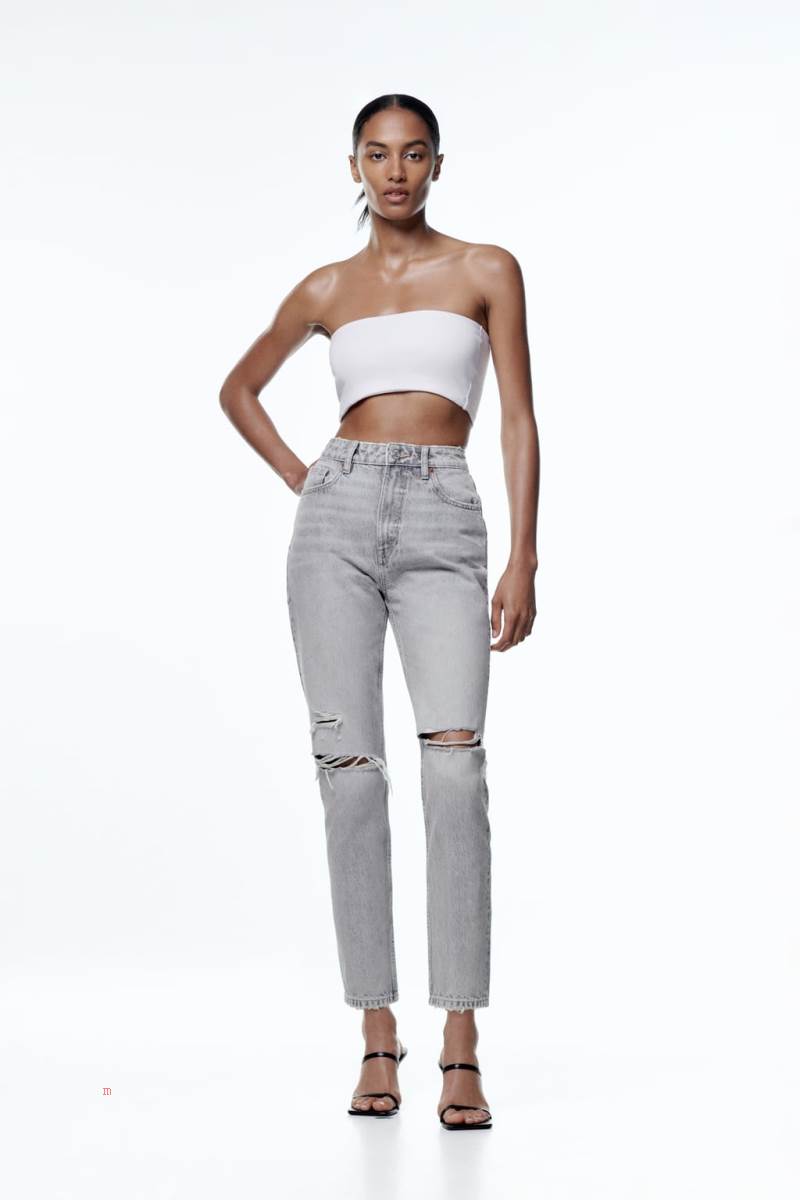 ZARA RIPPED MOM TRF Jeans Dam Ljusgrå | IMKJQ-2134