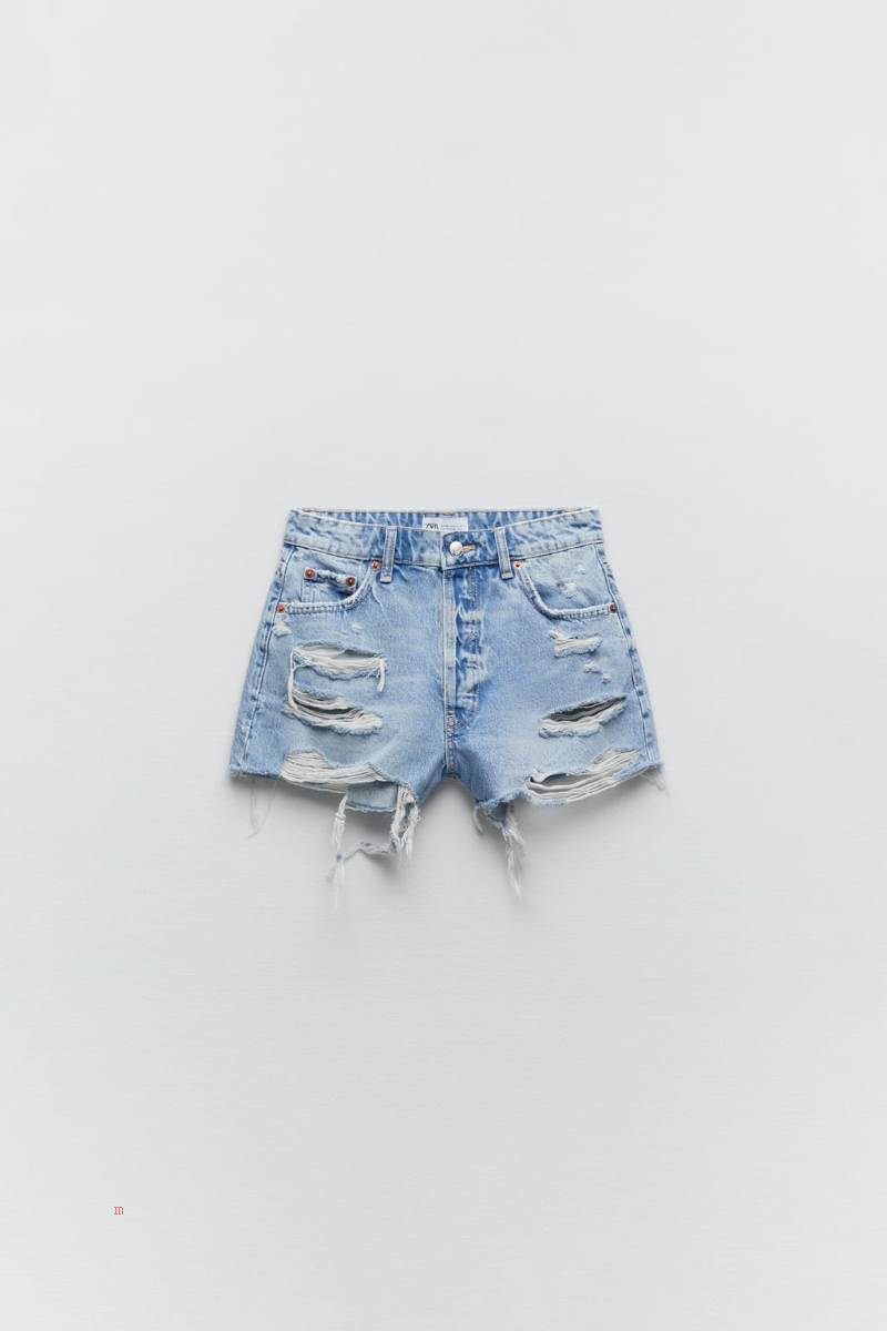 ZARA RIPPED STRAIGHT FIT DENIM Shorts Dam Ljusblå | UDAGI-8907