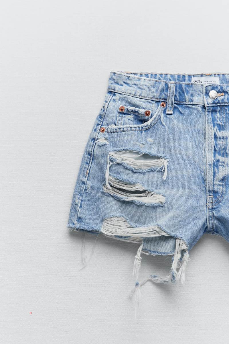 ZARA RIPPED STRAIGHT FIT DENIM Shorts Dam Ljusblå | UDAGI-8907