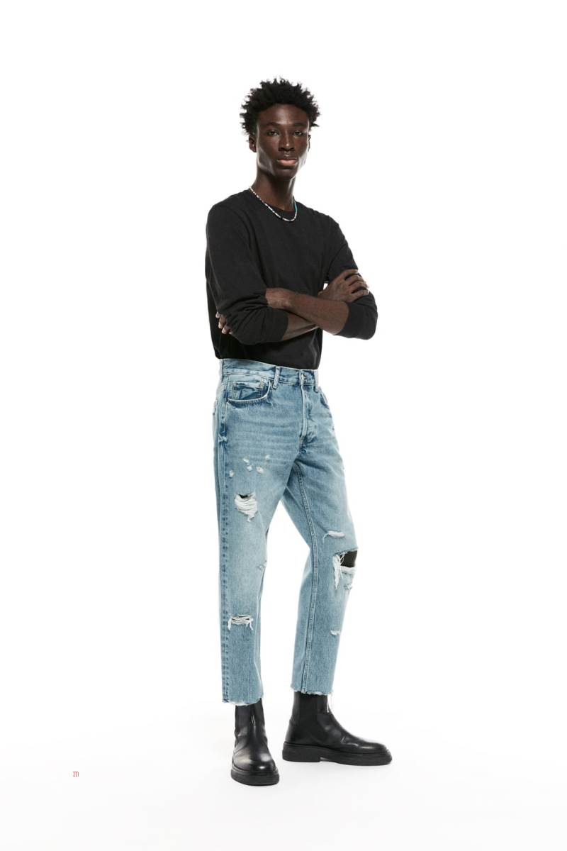 ZARA RIPPED STRAIGHT FIT Jeans Herr Blå | SRPZU-1805