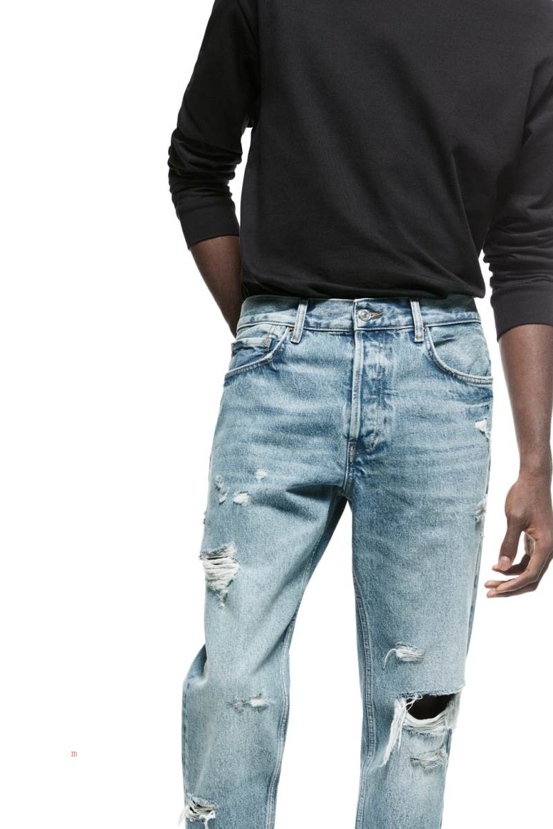 ZARA RIPPED STRAIGHT FIT Jeans Herr Blå | SRPZU-1805