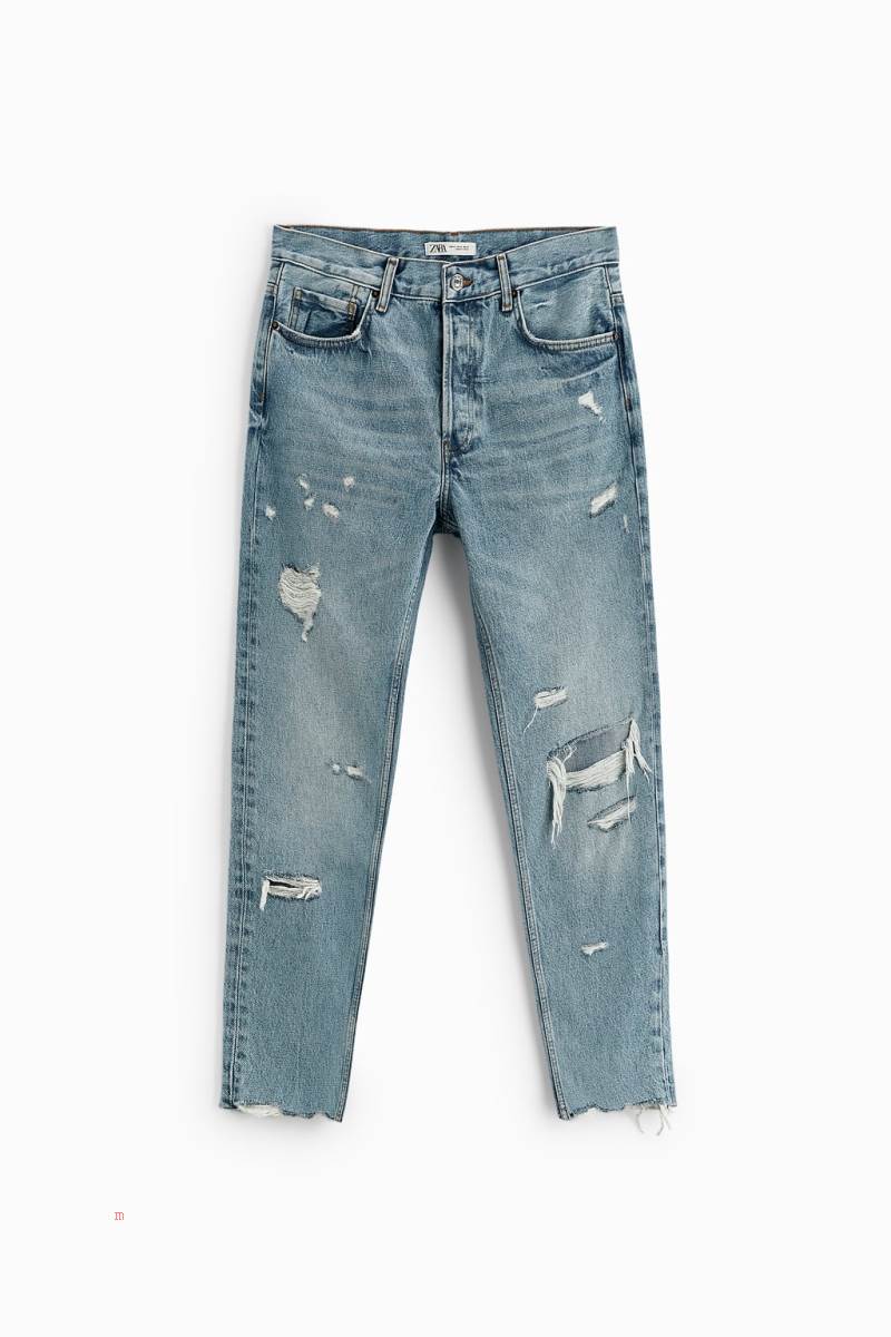 ZARA RIPPED STRAIGHT FIT Jeans Herr Blå | SRPZU-1805