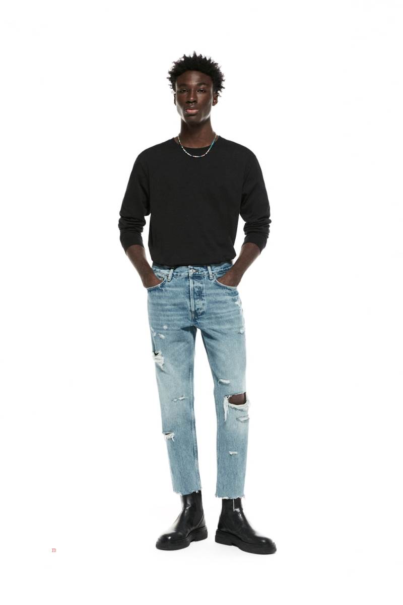 ZARA RIPPED STRAIGHT FIT Jeans Herr Blå | SRPZU-1805