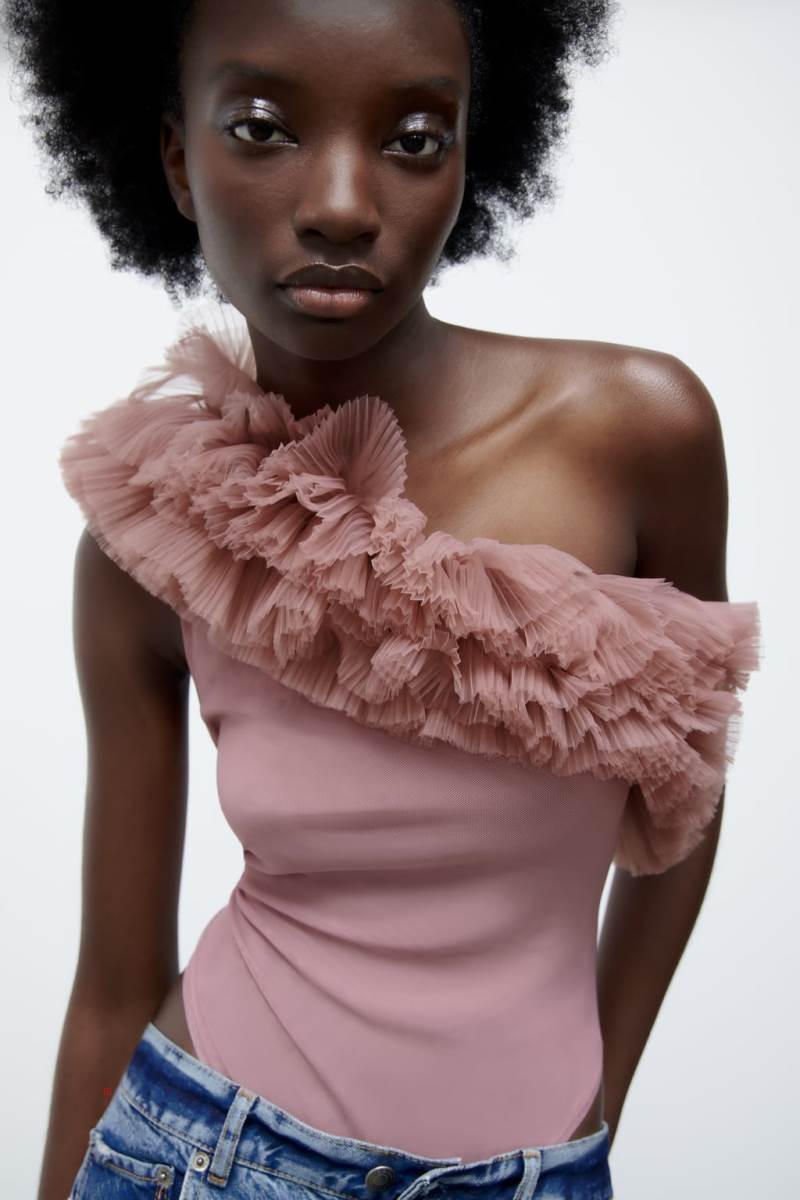 ZARA RUFFLED TULLE Bodysuit Dam Rosa Beige | EWCPX-3758