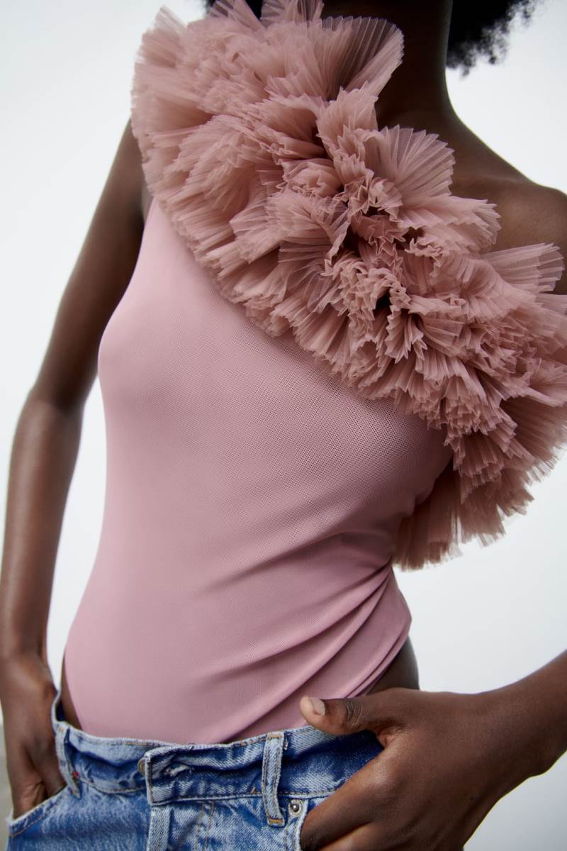 ZARA RUFFLED TULLE Bodysuit Dam Rosa Beige | EWCPX-3758