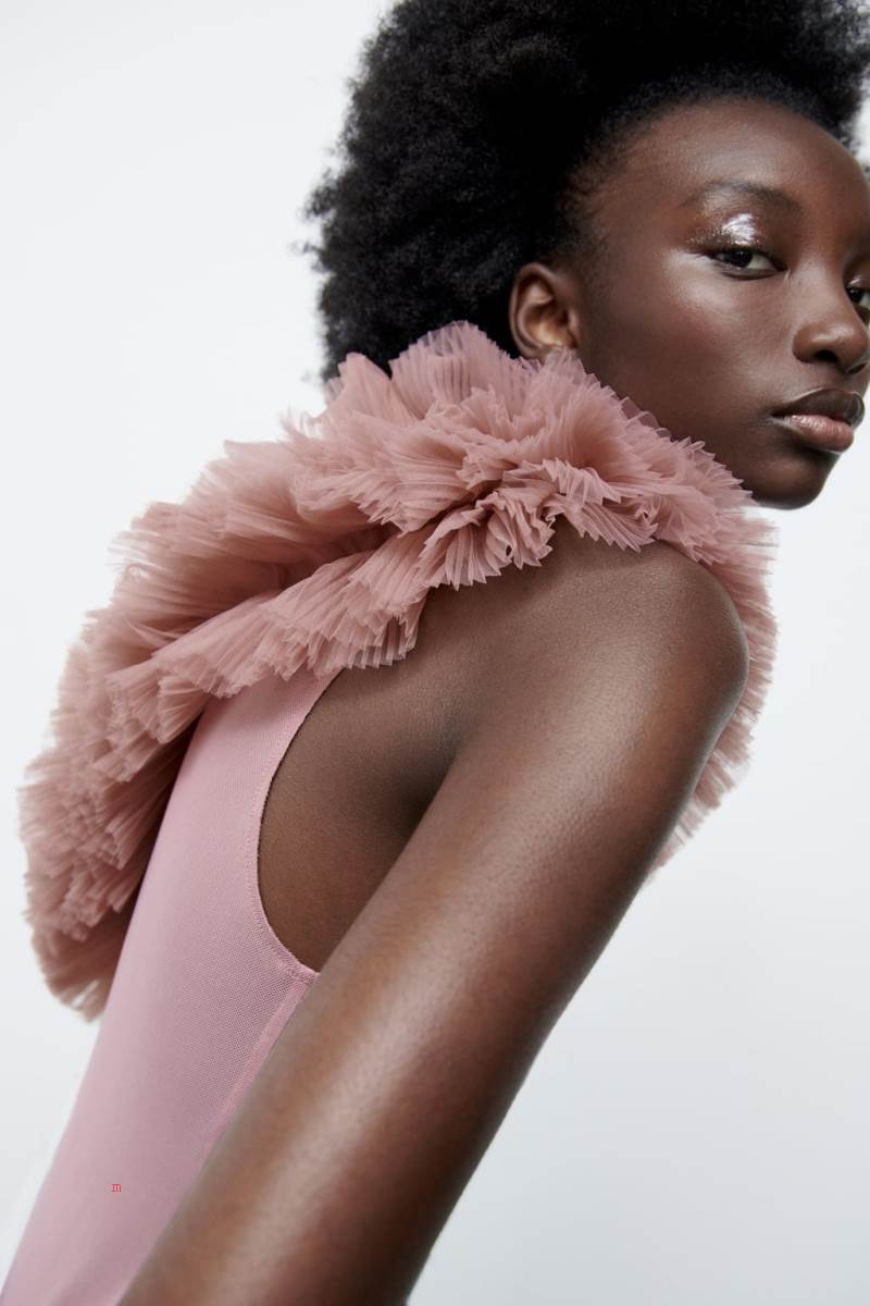ZARA RUFFLED TULLE Bodysuit Dam Rosa Beige | EWCPX-3758