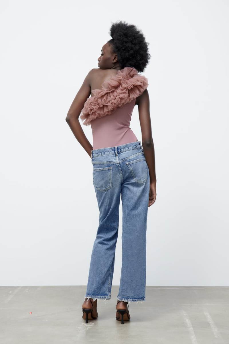 ZARA RUFFLED TULLE Bodysuit Dam Rosa Beige | EWCPX-3758