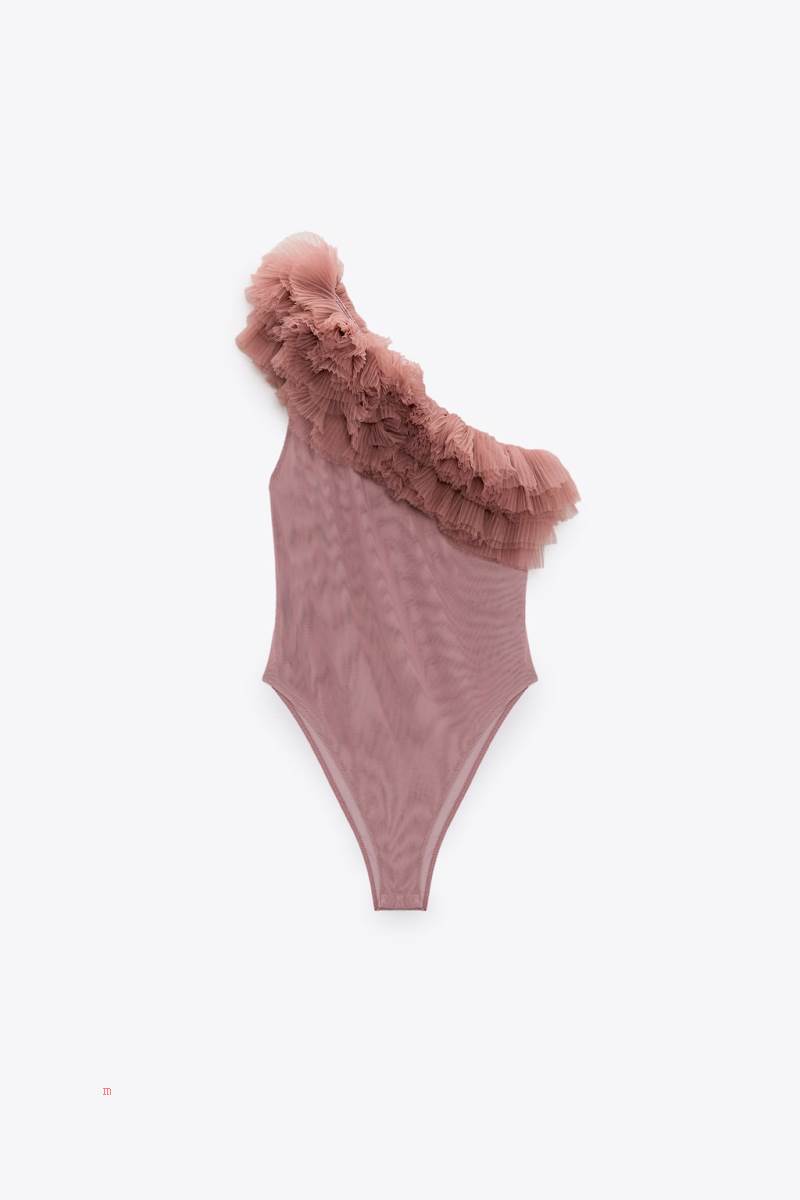 ZARA RUFFLED TULLE Bodysuit Dam Rosa Beige | EWCPX-3758