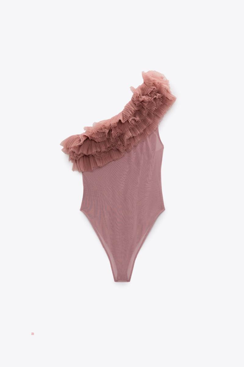 ZARA RUFFLED TULLE Bodysuit Dam Rosa Beige | EWCPX-3758