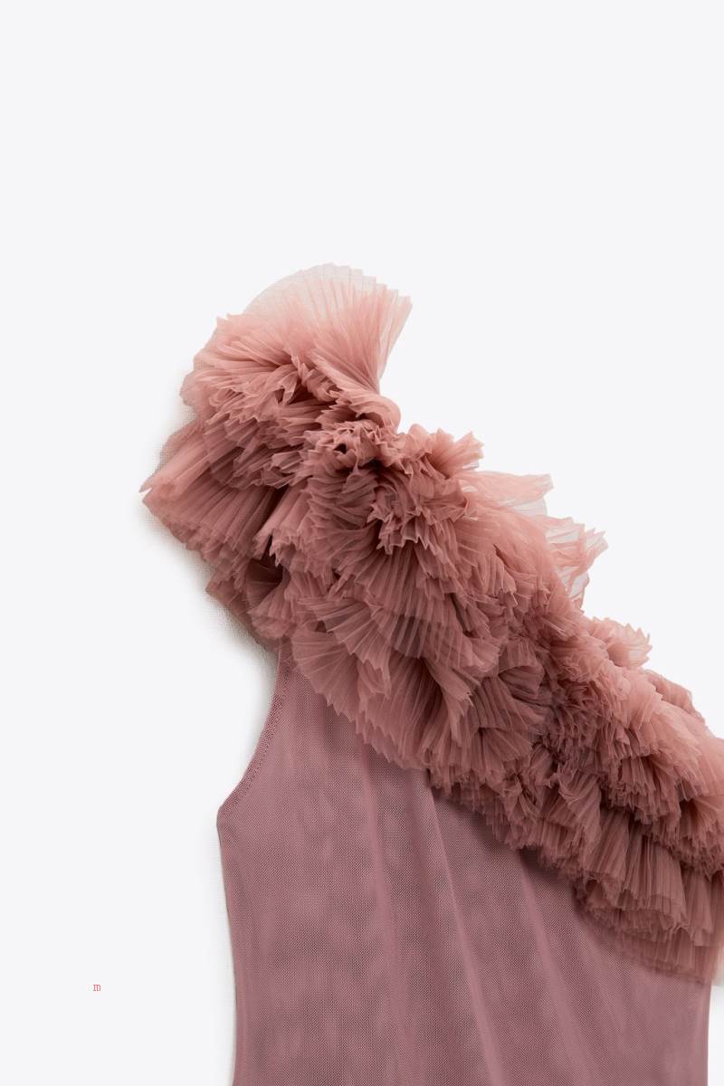 ZARA RUFFLED TULLE Bodysuit Dam Rosa Beige | EWCPX-3758