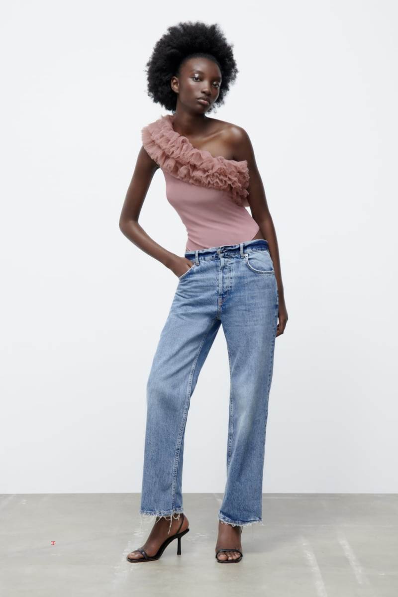 ZARA RUFFLED TULLE Bodysuit Dam Rosa Beige | EWCPX-3758