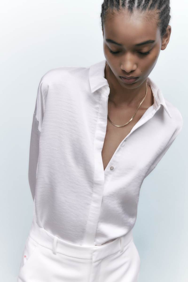 ZARA SATINY DROP-SHOULDER Skjorta Dam Vita | YUMGD-0875
