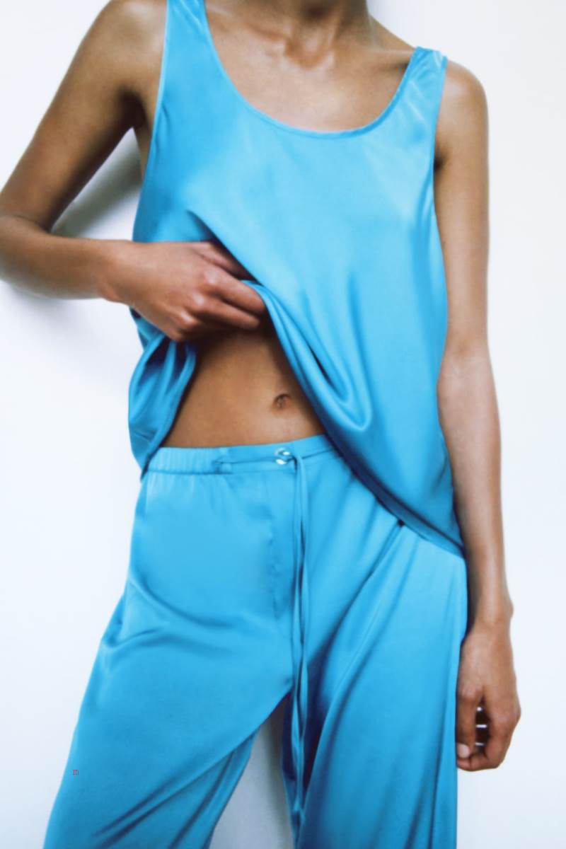 ZARA SATIN Byxor Dam Blå | QJXSH-9526
