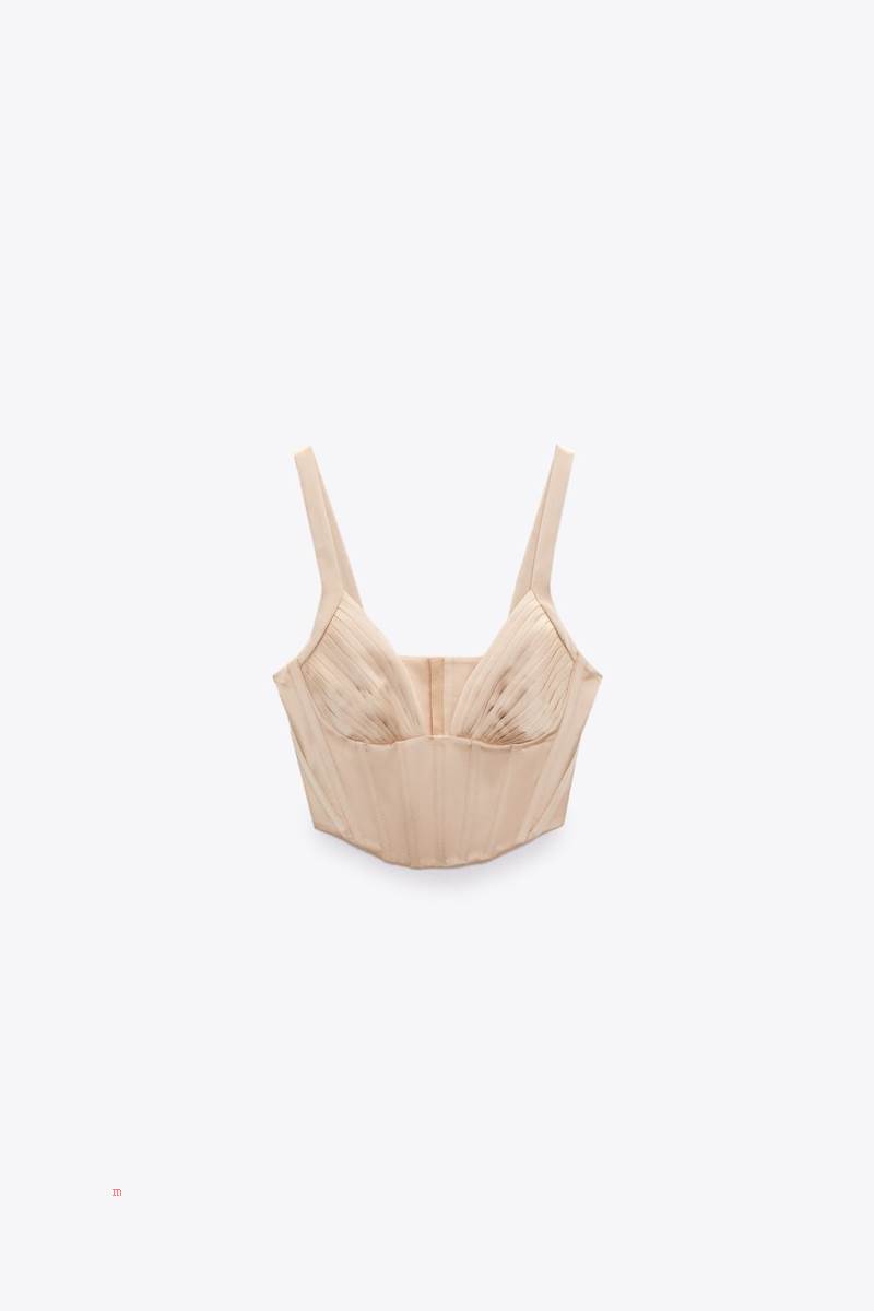 ZARA SATIN CORSETRY-INSPIRED TOP Korsett Dam Rosa Beige | RKPMV-3875