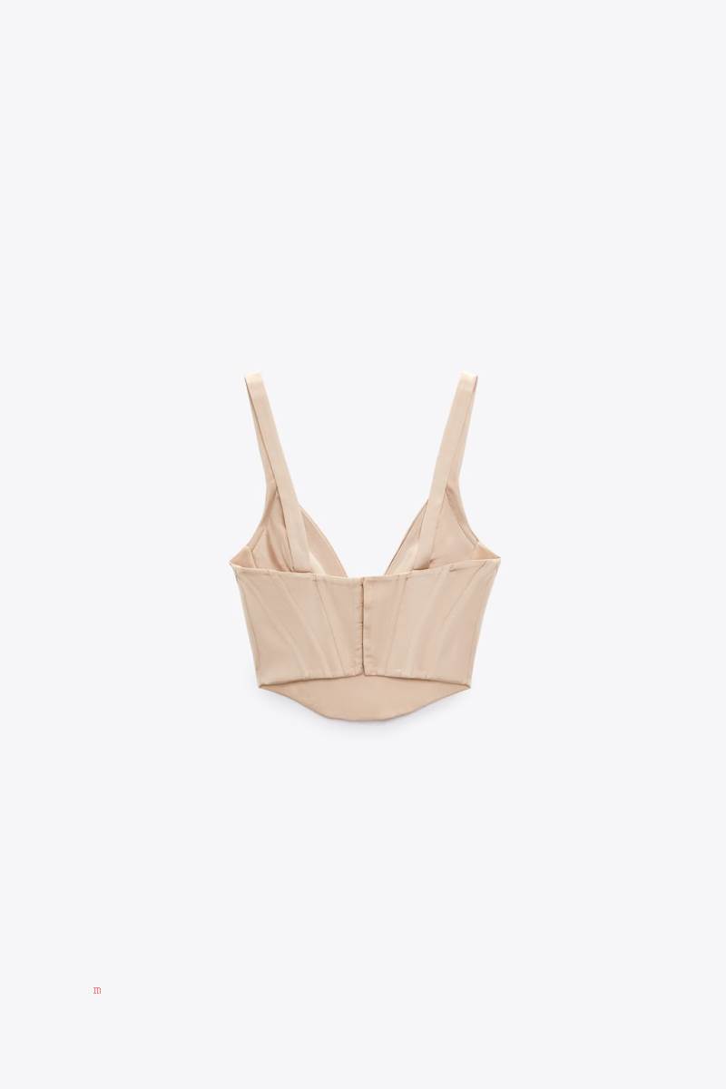 ZARA SATIN CORSETRY-INSPIRED TOP Korsett Dam Rosa Beige | RKPMV-3875
