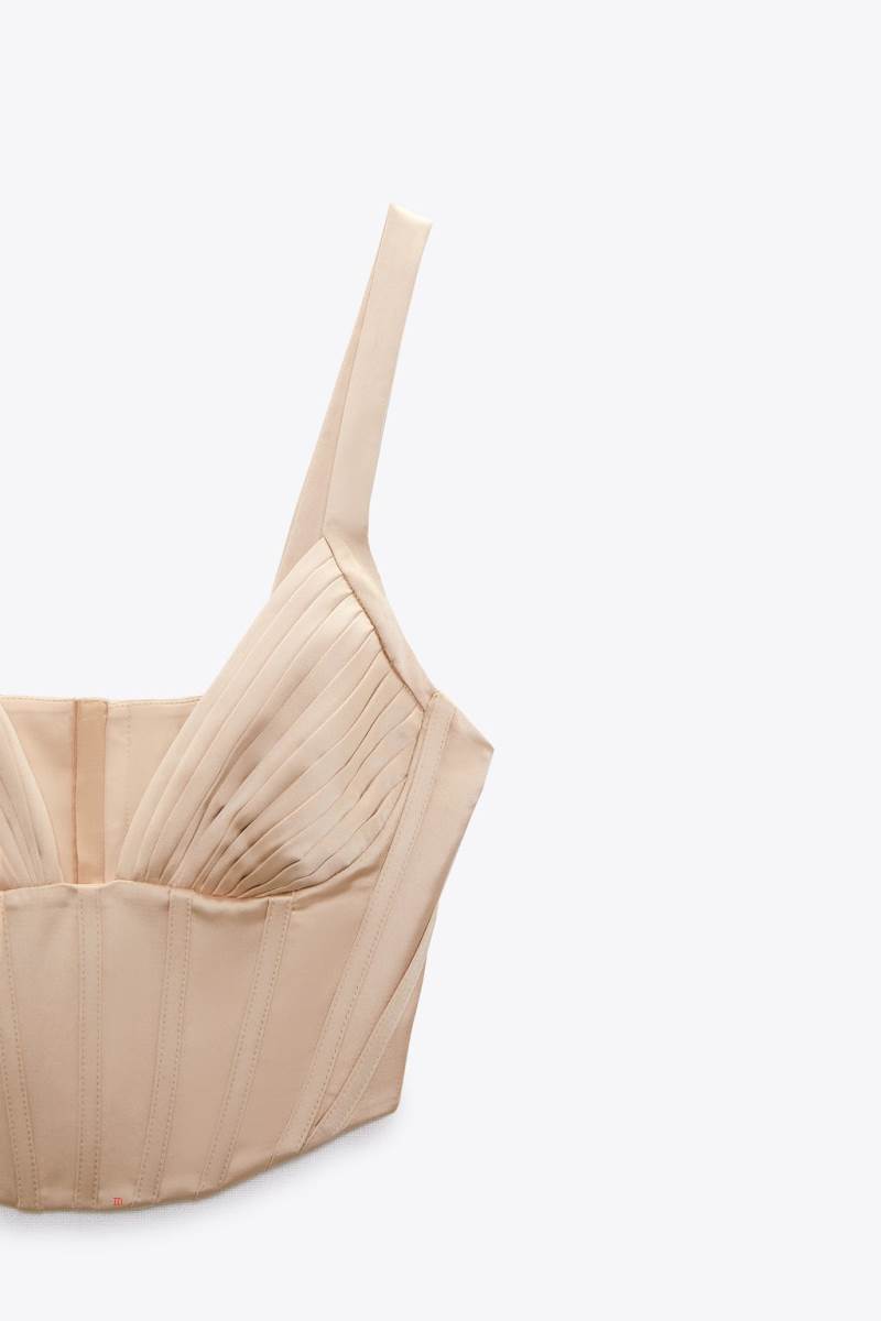 ZARA SATIN CORSETRY-INSPIRED TOP Korsett Dam Rosa Beige | RKPMV-3875