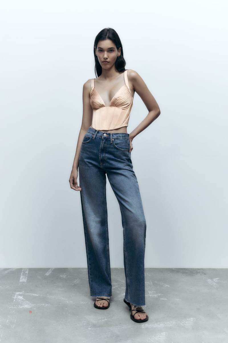 ZARA SATIN CORSETRY-INSPIRED TOP Korsett Dam Rosa Beige | RKPMV-3875