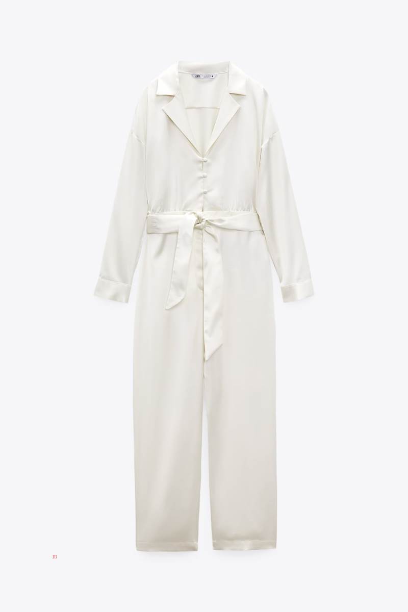ZARA SATIN-EFFECT BELTED Jumpsuit Dam Grå Vita | HDELX-5701