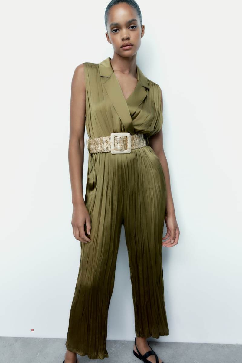 ZARA SATIN-EFFECT BELTED Jumpsuit Dam Olivgröna Gröna | YUMTD-8236
