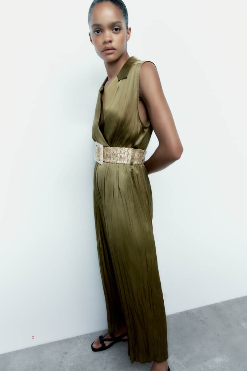 ZARA SATIN-EFFECT BELTED Jumpsuit Dam Olivgröna Gröna | YUMTD-8236